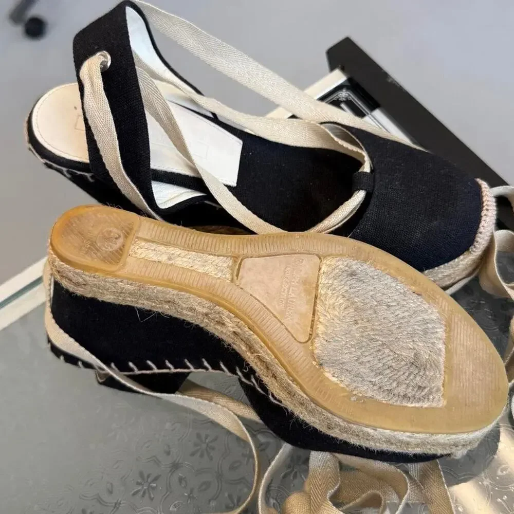 Ralph Lauren Collection Black Canvas Wedges Sz 6.5